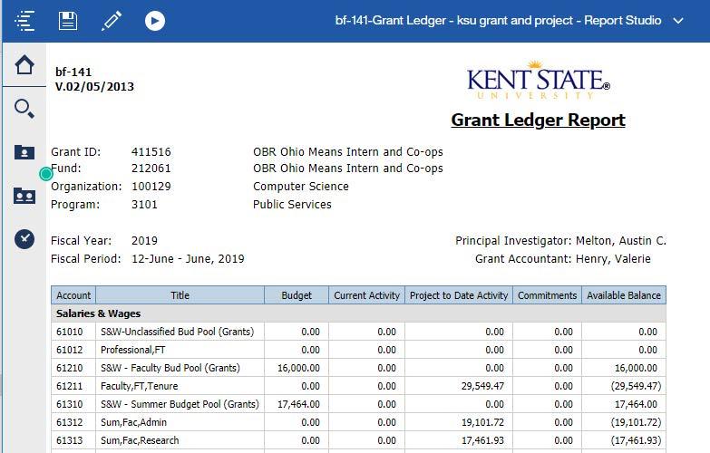 table showing information provide in the grant ledger report