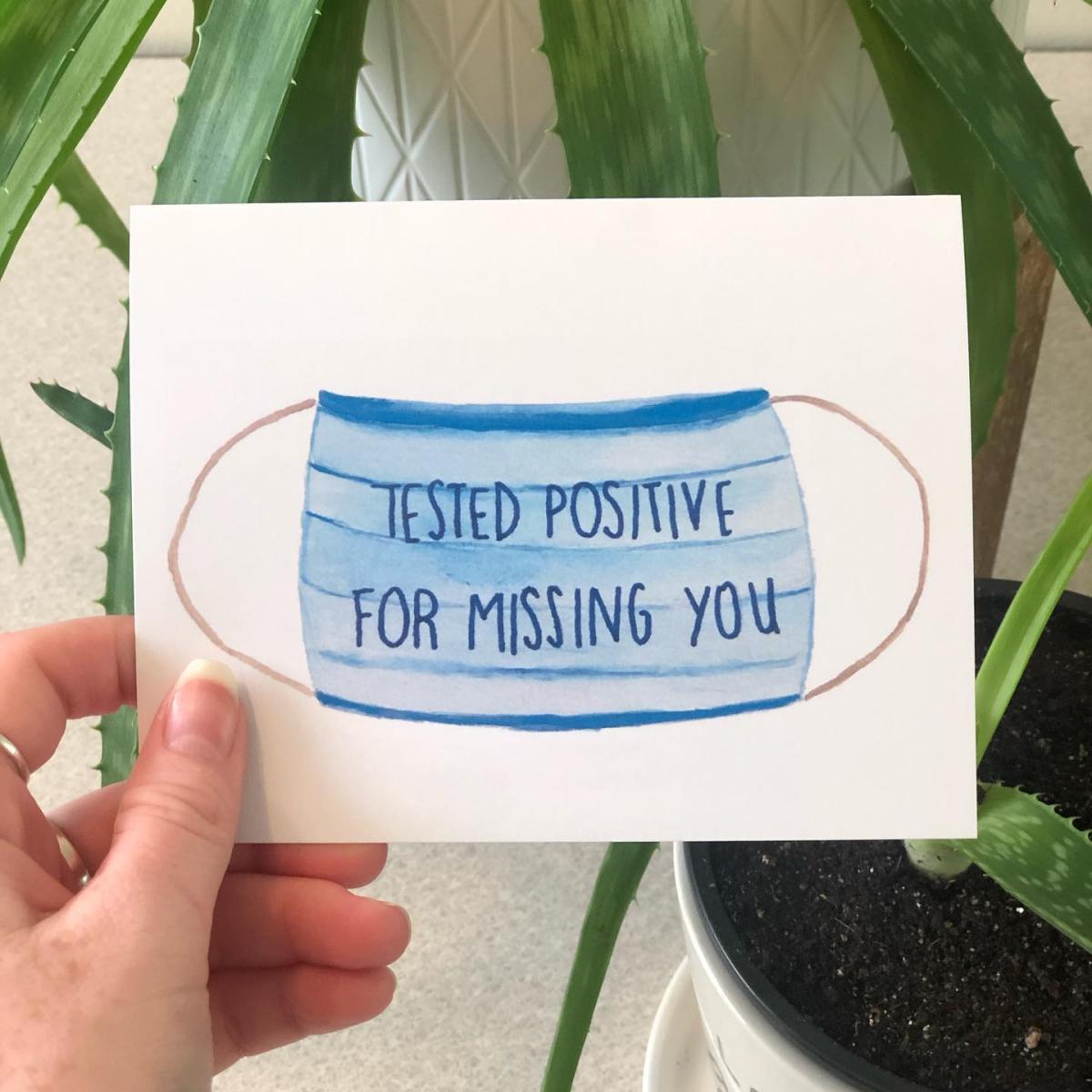 LindenLane card that says "Tested positive for missing you" with mask image