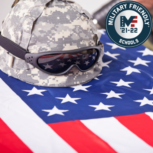 American Flag and soldier's helmet