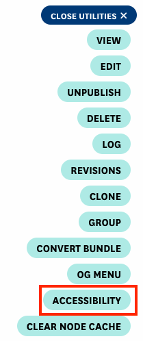 Vertical menu showing utility options including View, Edit, Unpublish, Delete, Log, Revisions, Clone, Group, Convert Bundle, OG Menu, Accessibility (indicated in red), and Clear Node Cache. A 'Close Utilities' button appears at the top.