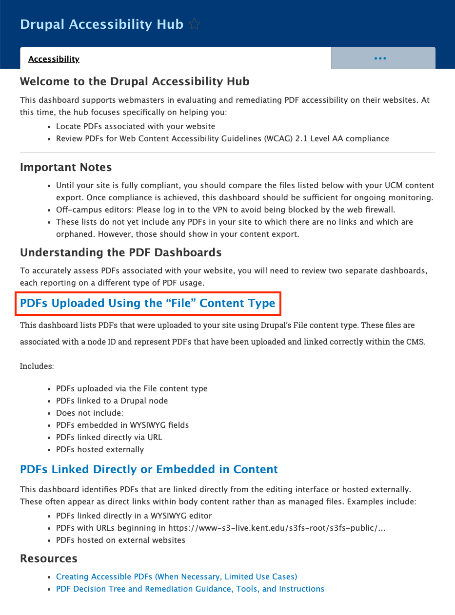 Drupal Accessibility Hub welcome page displaying information about PDF compliance evaluation. The page includes sections for 'Important Notes,' 'Understanding the PDF Dashboards,' with a blue hyperlink labeled 'PDFs Uploaded Using the File Content Type' (indicated in red), followed by sections for 'PDFs Linked Directly or Embedded in Content' and 'Resources