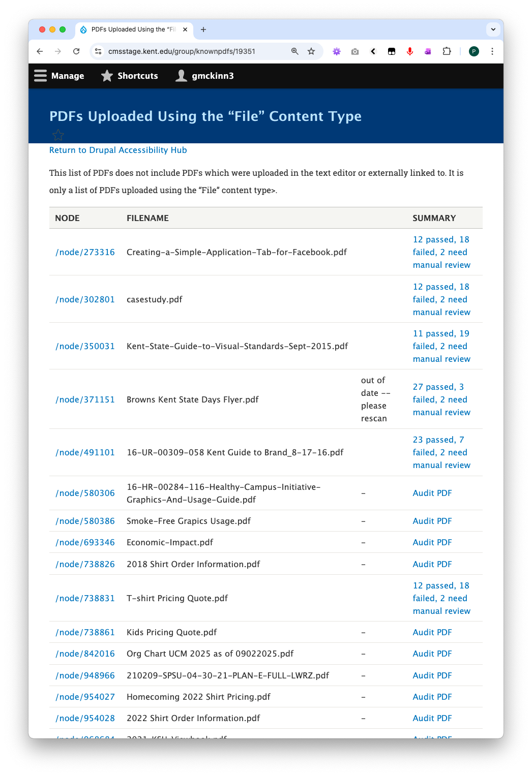 Same PDFs table as Step 4, now showing populated Summary columns with scan results. Results display statistics like '12 passed, 18 failed, 2 need manual review' as blue hyperlinks. The first file 'Creating-a-Simple-Application-Tab-for-Facebook.pdf' shows detailed results, while other files show either similar statistics or just 'Audit PDF' links for files not yet scanned.