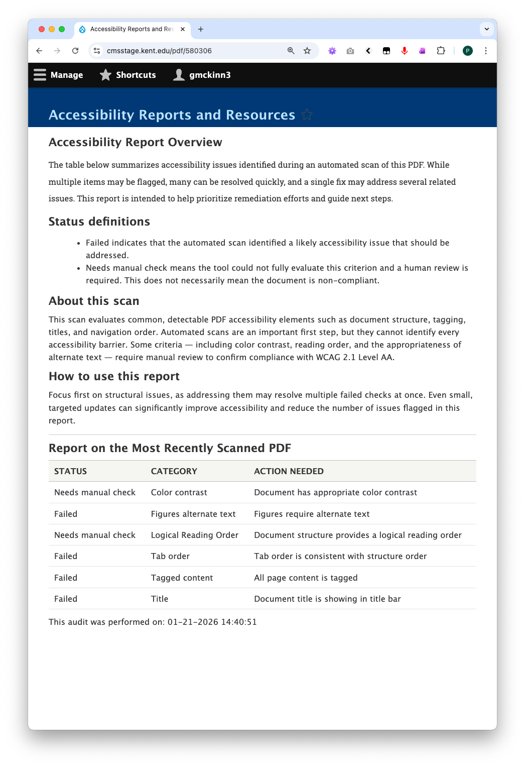 Accessibility Report Overview page showing a detailed report table. The table contains columns for Status, Category, and Action Needed. Entries include items marked as 'Needs manual check,' 'Failed,' with categories like 'Color contrast,' 'Figures alternate text,' 'Figures Reading Order,' 'Tab order,' 'Tagged content,' and 'Title.' Each row provides specific remediation guidance. A timestamp at bottom shows 'This audit was performed on: 01-21-2026 01:49:51.'