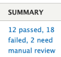 Column header labeled "SUMMARY" with audit results displayed as a blue hyperlink reading "12 passed, 18 failed, 2 need manual review"