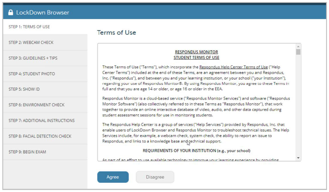 Screenshot of the Respondus Monitor terms of use