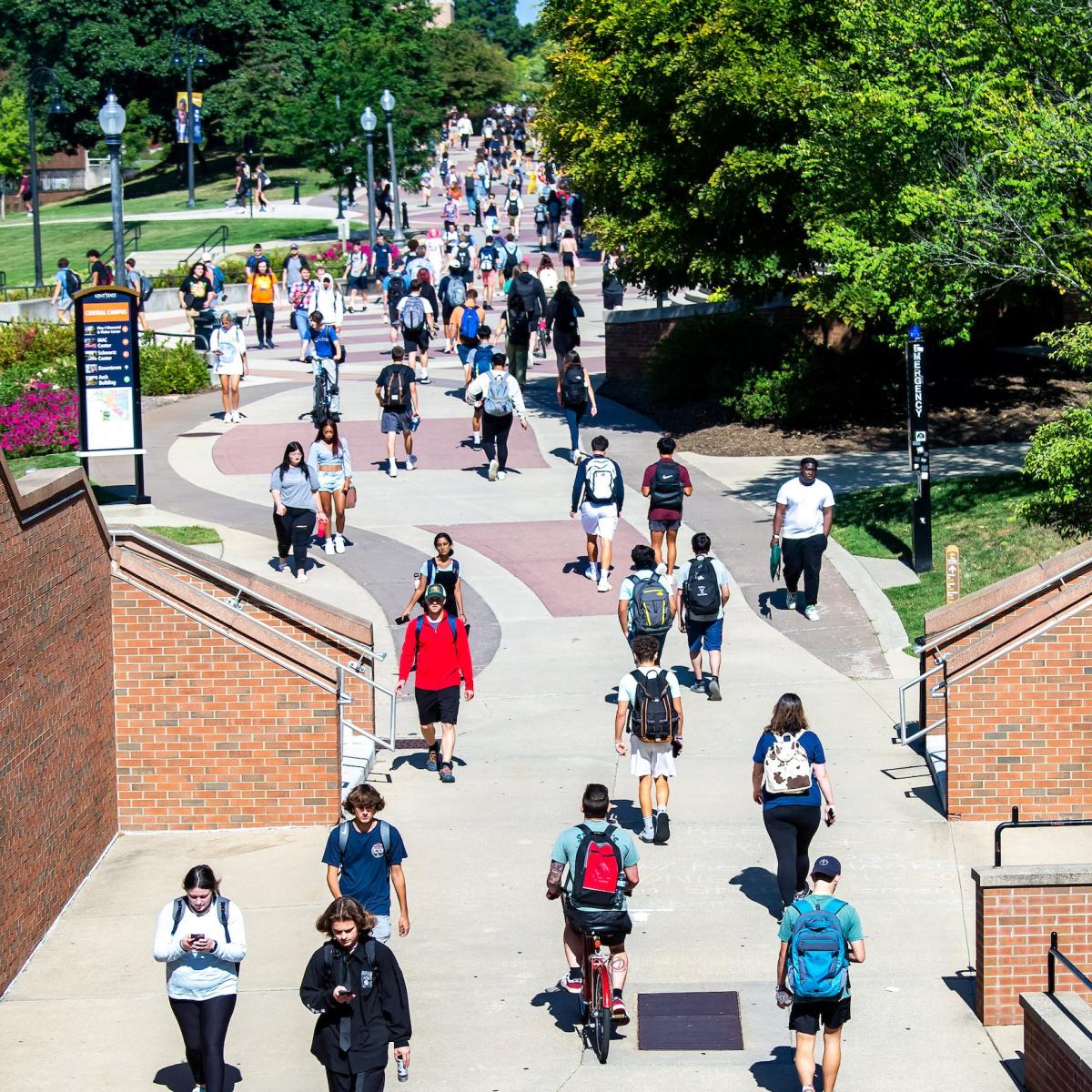 Aerial view of several students walking the Esplanade