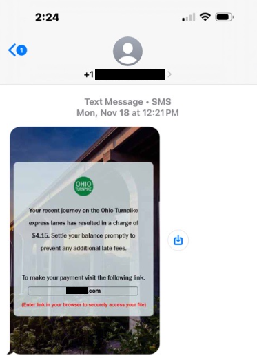A text message containing a toll road scam.