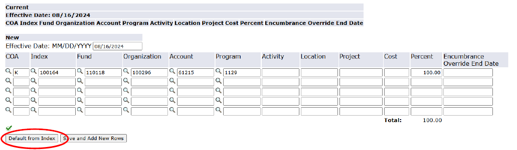 update the index using the default button