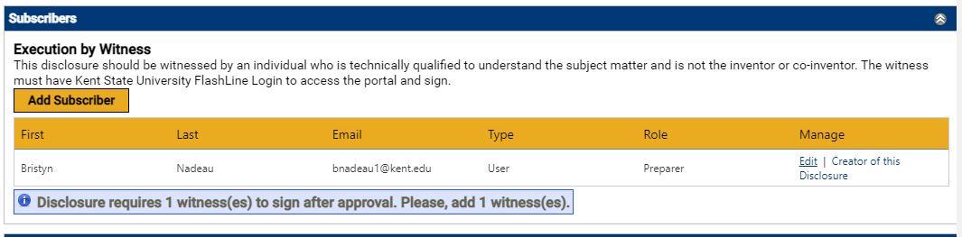 Section to add your subscriber/witness