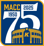 Logo for the 75th anniversary of the MACC at Kent State, showing the years 1950 and 2025 with an illustration of the arena.