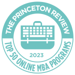 Princeton review badge for top 50 Online MBA programs QM badge