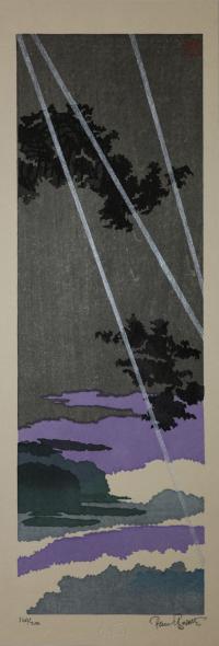 Vertical artwork with purple and dark greys