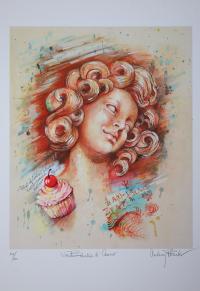 Digitized drawing of woman and a pink cupcake