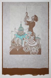 Artwork features woman holding a rope, standing over a city