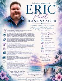Memorial tribute card for Eric Paul Hasenyager featuring his photo, the words "In Loving Memory — a life well lived, a lot of laughs, a legacy that lives on," and a list of ways to honor him, decorated with watercolor beach and palm imagery.