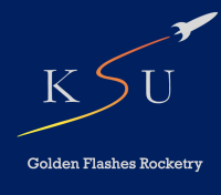 Golden Flashes Rocketry logo on dark blue background and an illustration of a rocket taking off.
