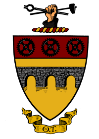 A gold shield crossed by an arched bridge and topped by a hand holding a hammer and tongs.