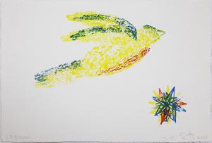 Watercolor on canvas, yellow bird taking flight