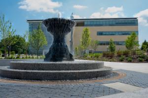 Crawford Fountain with Crawford Hall in background.