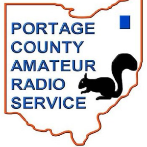 An outline of Ohio state enclosing the words "Portage County Amateur Radio Service" next to a blue area representing Portage county and a black squirrel.