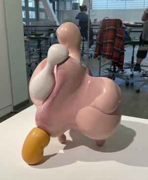 Ceramics piece featuring organic pink, yellow and white forms