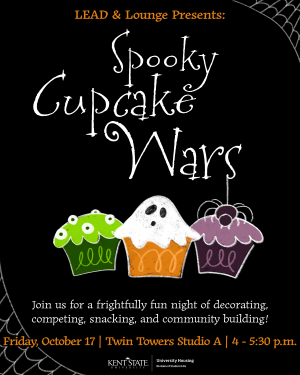 Flyer for Lead & Lounge's Spooky Cupcake Wars event; Oct. 17 from 4pm-5:30pm at Twin Towers Studio A