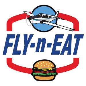 A small airplane over a sky-blue background over the words "Fly-n-Eat" over a hamburger