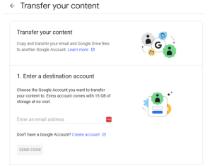 Screenshot of the Google transfer content process, requesting the user enter a destination account