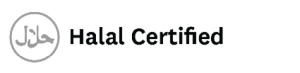 Halal Certified Symbol (White circle with gray outline and the Arabic word for Halal in gray)