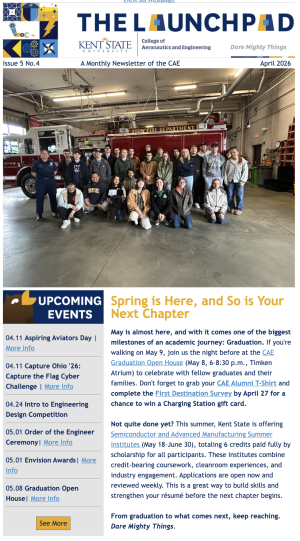 Screen shot of the front page of the April 2026 Launchpad, the CAE monthly enewsletter.