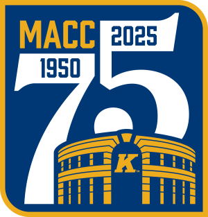 Logo for the 75th anniversary of the MACC at Kent State, showing the years 1950 and 2025 with an illustration of the arena.