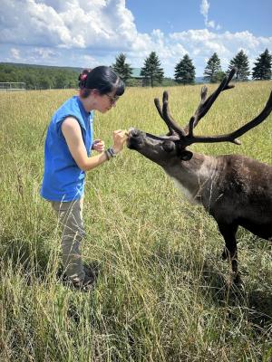 Natalie poses with Twister the caribou  in a large outdoor area.