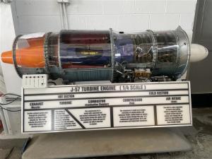A cutaway model of a ¼ scale J-57 engine