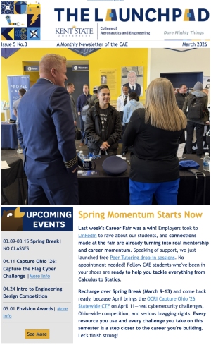 Screenshot of the front page of the March 2026 Launchpad newsletter for students of the College of Aeronautics and Engineering.