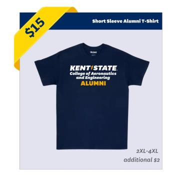 A blue t-shirt printed with the words "Kent State College of Aeronautics and Engineering Alumni"