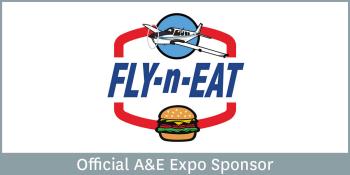 A small airplane against a sky-blue circle placed over the words "Fly-n-Eat" with a cheeseburger underneath