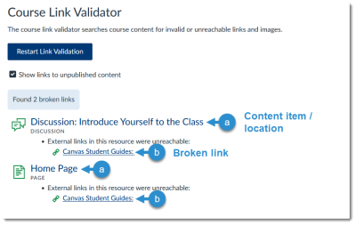 Canvas Link Validator: Report showing broken links