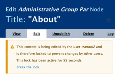 Drupal edit screen showing a warning.