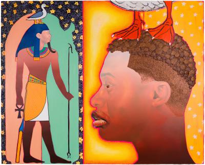 A mixed media art piece of two men. One is displayed full-body on the left dressed in Egyptian garb. The other is a close up side profile of a man with bird feet standing atop his head