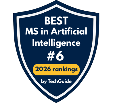 Accreditation logo that reads "BEST MS in Artificial Intelligence #6 2026 rankings by TechGuide"