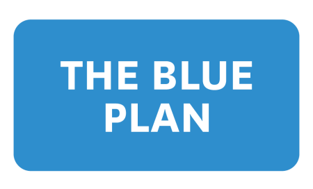 "The Blue Plan" in white text with a blue background