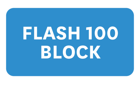 "Flash 100 Block" in white text with a blue background