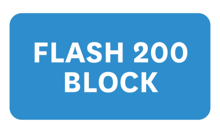 "Flash 200 Block" in white text with a blue background