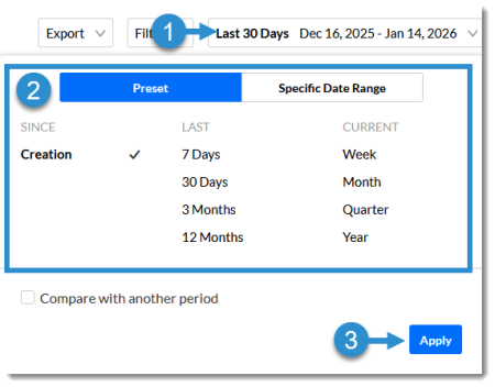 Kaltura Analytics Date Range menu