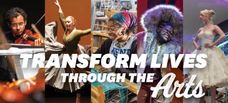 Collage of Kent State arts students performing music and dance, weaving textiles, modeling costume and fashion designs, with the words “Transform Lives Through the Arts.”