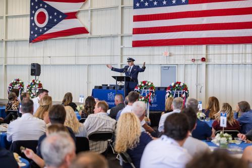 William Colleran, ’04, a United Airlines first officer, dressed in his pilot uniform, addressed the guests at the fifth annual Pilot Pinning Ceremony.