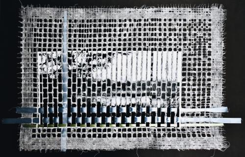 Print media and mixed media piece featuring white grid cloth overlay on top of black and white nature picture