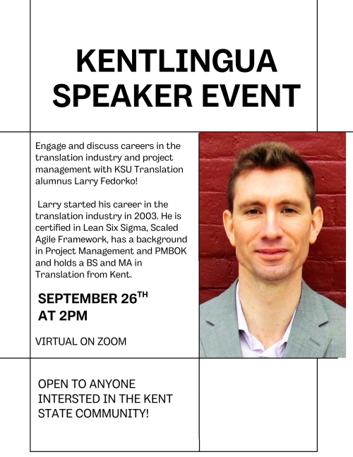 Flyer for KentLingua guest speaker event with Larry Fedorko