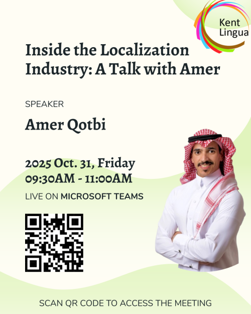 Flyer for KentLingua guest speaker event with Amer Qotbi