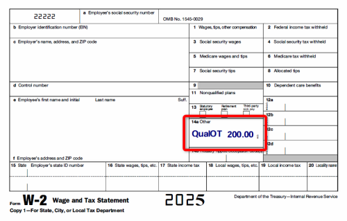 Example of a tax form with "QualOT" in box 14.